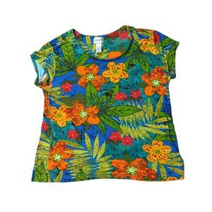 Chicos Women's Tropical Floral Print Top Size XL Multicolor Short Sleeve
